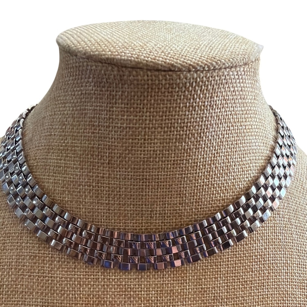 Vintage Silver Tone 4-Row Brick Link Watch Band Style Choker Necklace Statement